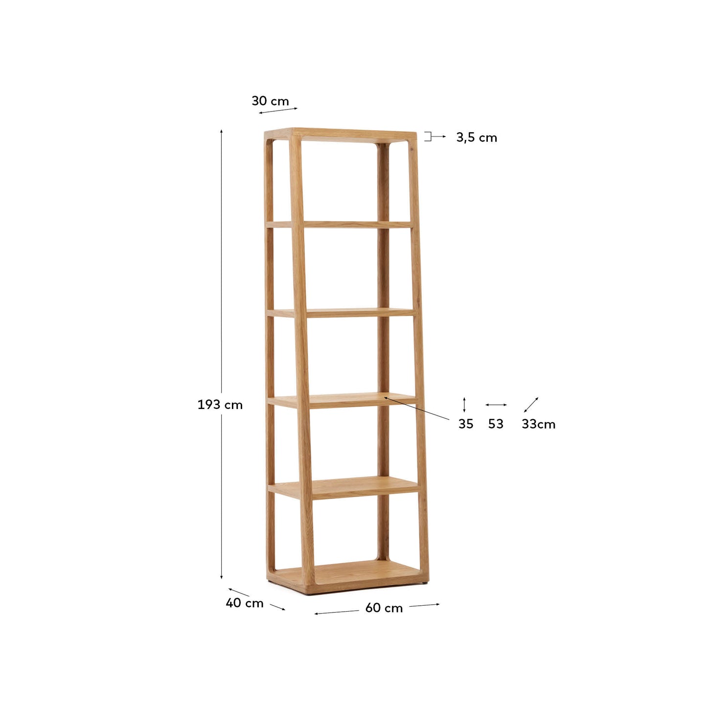 Libreria Maymai con struttura in legno massiccio di rovere 60 x 193 cm