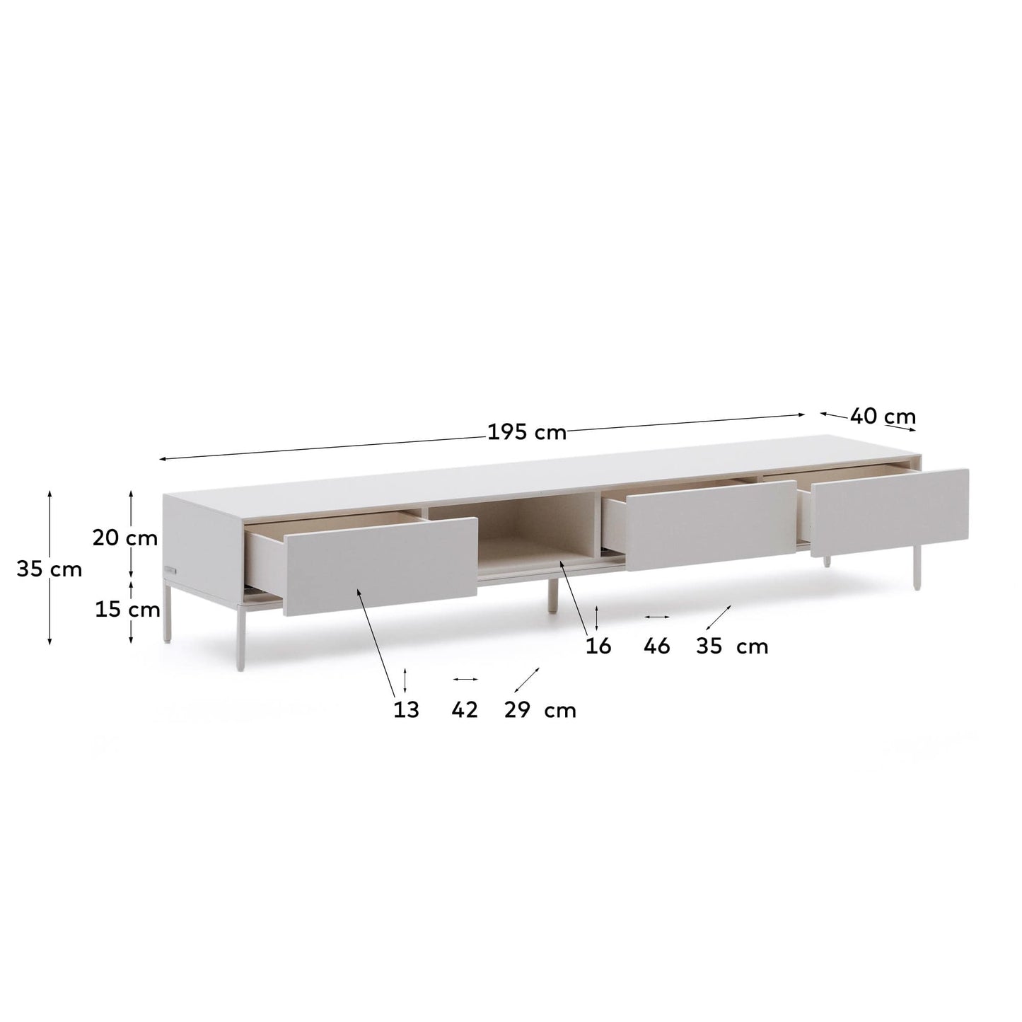 Mobile TV Vedrana 3 cassetti laccato bianco 195 x 35 cm