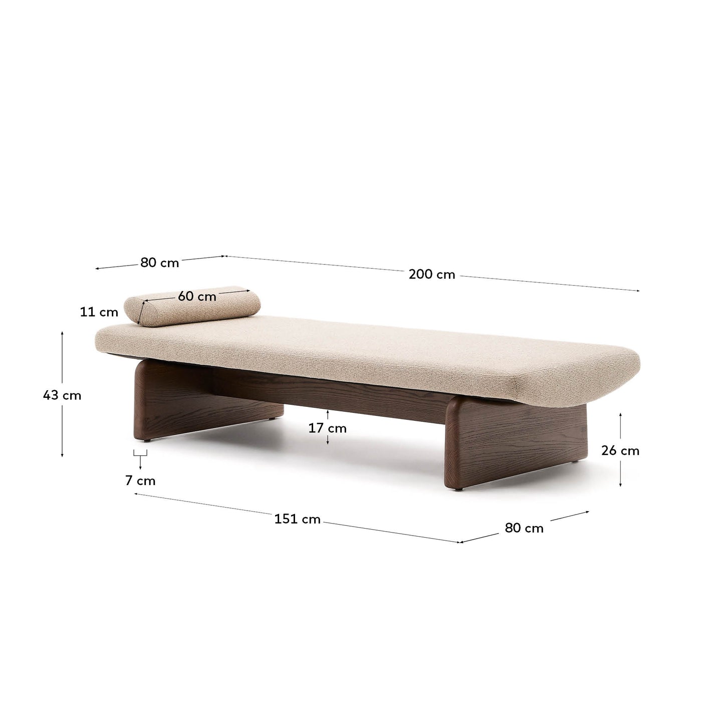 Chaise-longue Topaz in ciniglia beige e legno massello di frassino finitura noce 200 cm FSC 100%