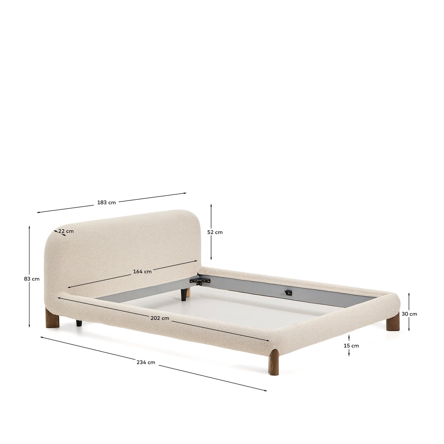 Letto sfoderabile Odina bouclé écru con gambe in frassino massiccio con finitura in noce per materasso da 160 x 200 cm