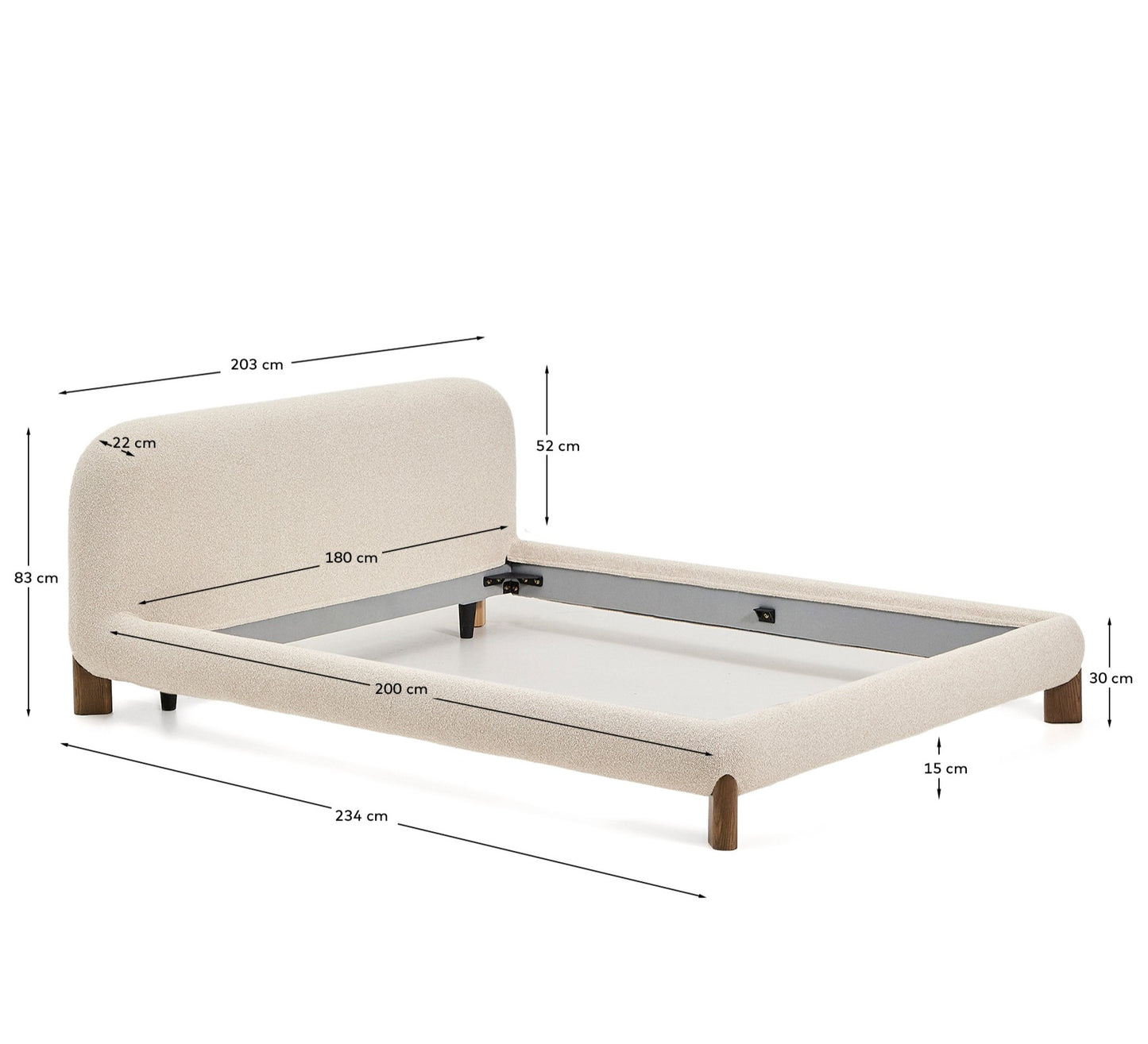Letto sfoderabile Odina bouclé écru con gambe in frassino massiccio con finitura in noce FSC per materasso da 180 x 200 cm