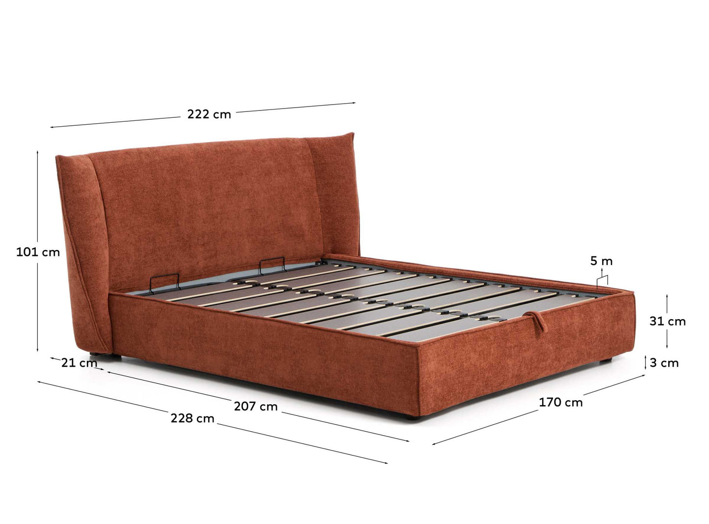 Letto sfoderabile Arvian in ciniglia terracotta con contenitore apribile per materasso 160 x 200 cm