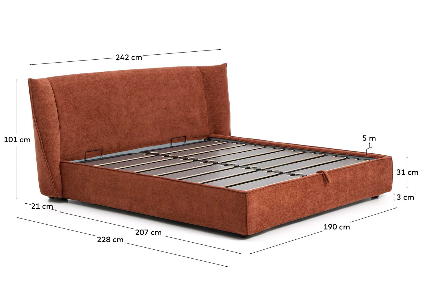 Letto sfoderabile Arvian in ciniglia terracotta con contenitore apribile per materasso 180 x 200 cm
