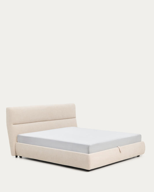 Letto sfoderabile Dafra in ciniglia beige con contenitore apribile per materasso 180 x 200 cm