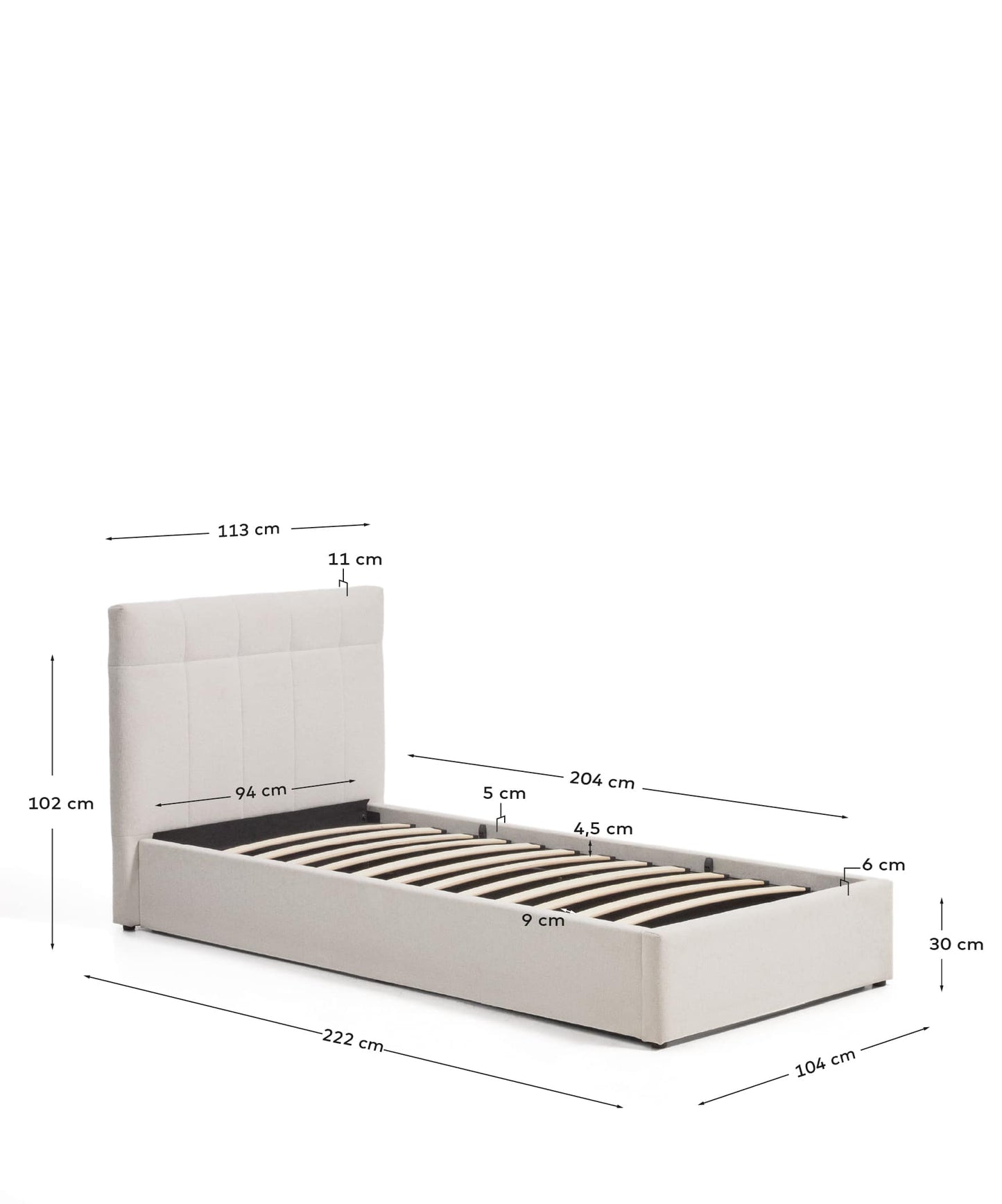 Letto contenitore sollevabile Darnela in ciniglia écru per materasso da 90 x 200 cm