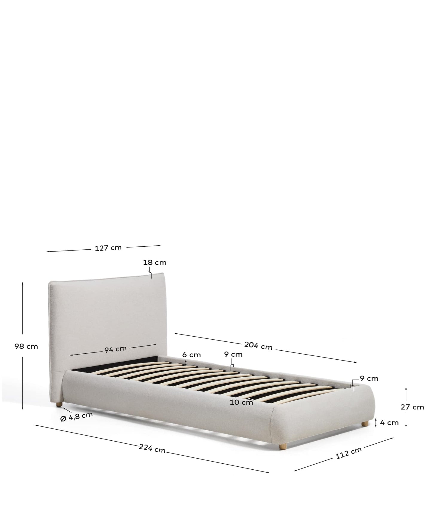 Letto Elerio in ciniglia écru per materasso da 90 x 200 cm