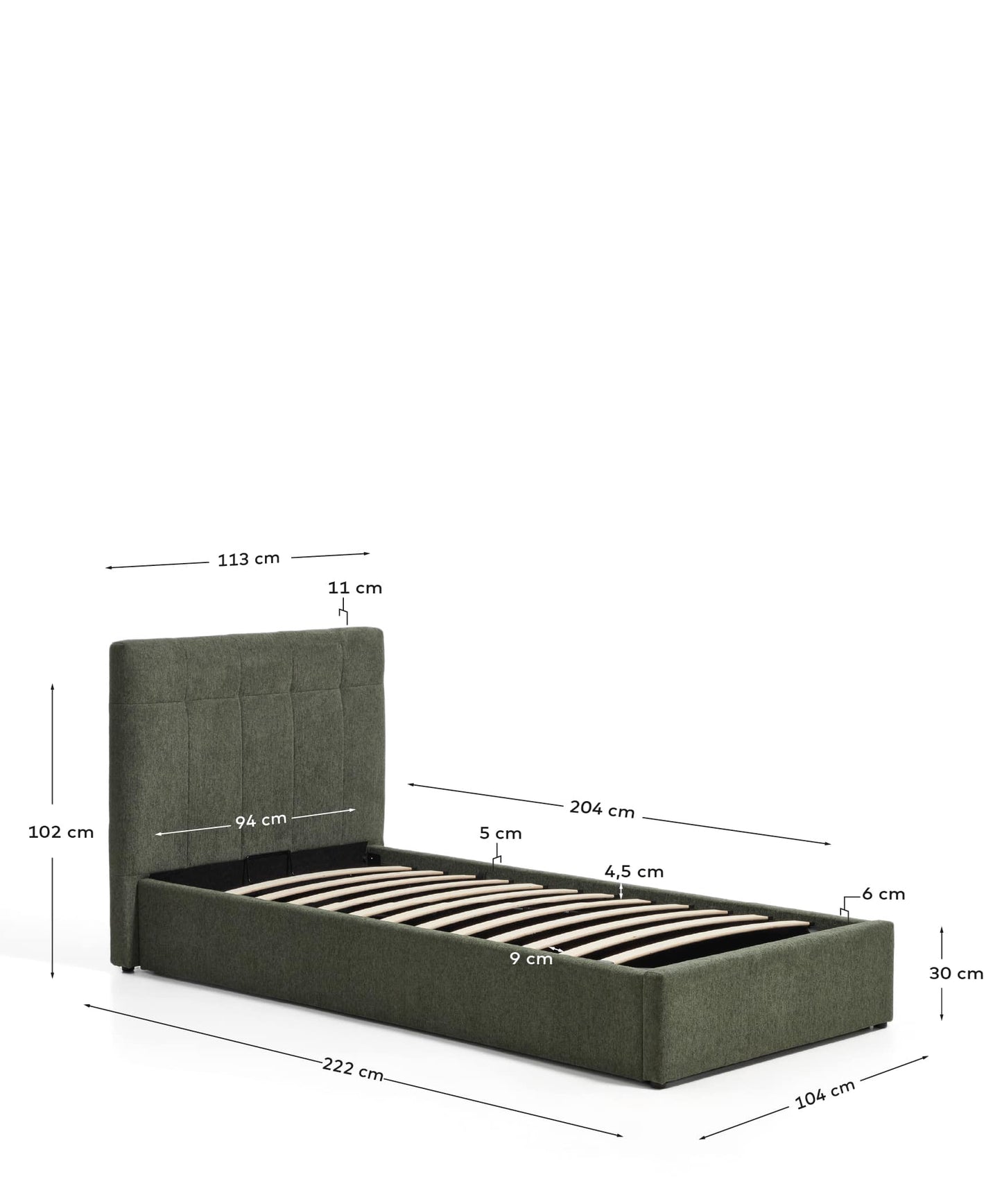 Letto contenitore sollevabile Darnela in ciniglia verde muschio per materasso da 90 x 200 cm