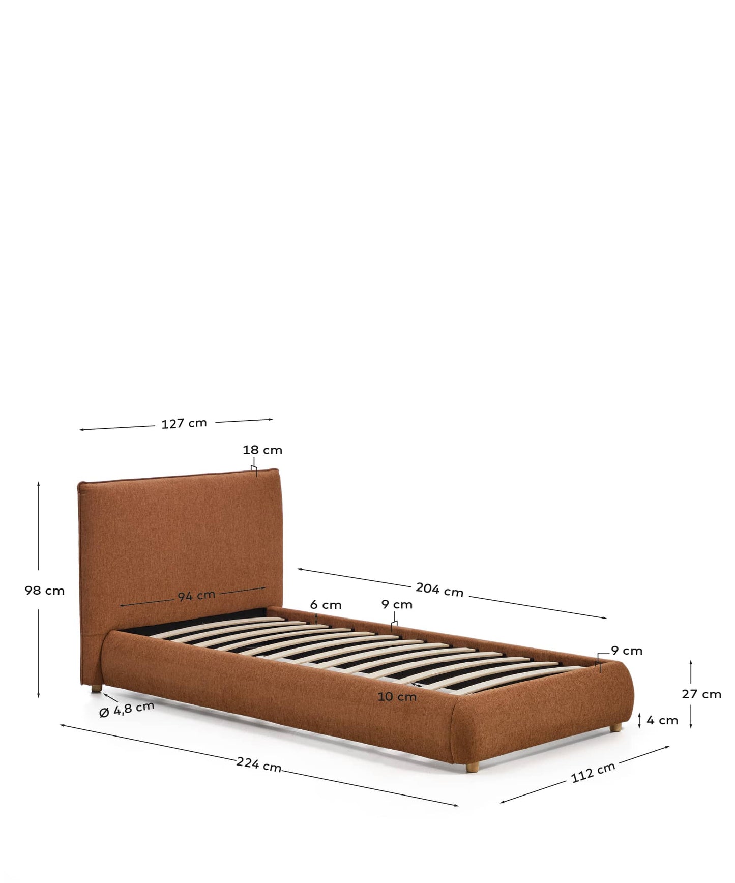 Letto Elerio in ciniglia rosso ramato chiaro per materasso da 90 x 200 cm