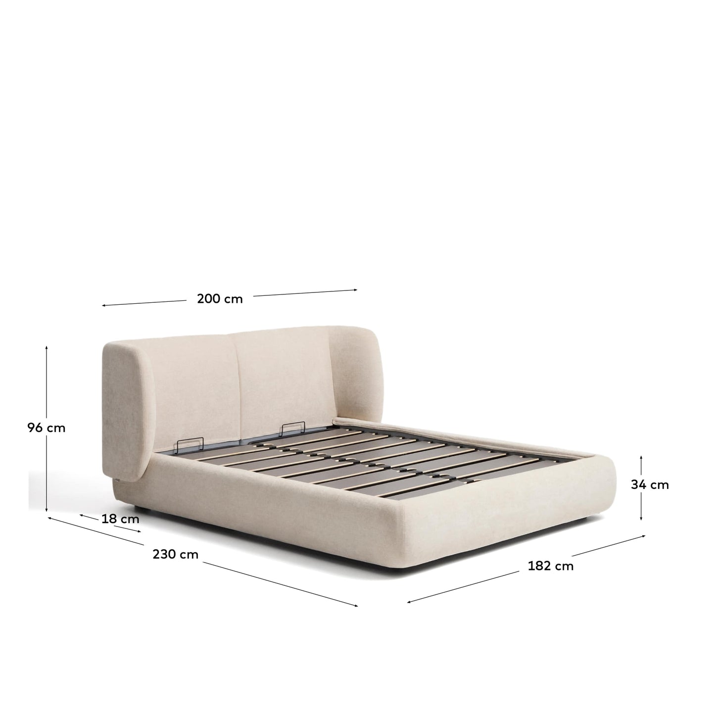 Letto sfoderabile con letto contenitore Nerla in ciniglia beige per materasso da 160 x 200 cm