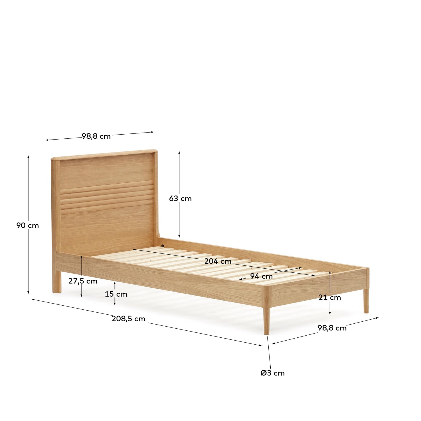 Letto Lenon in legno e rovere impiallacciato per materasso 200 x 90 cm