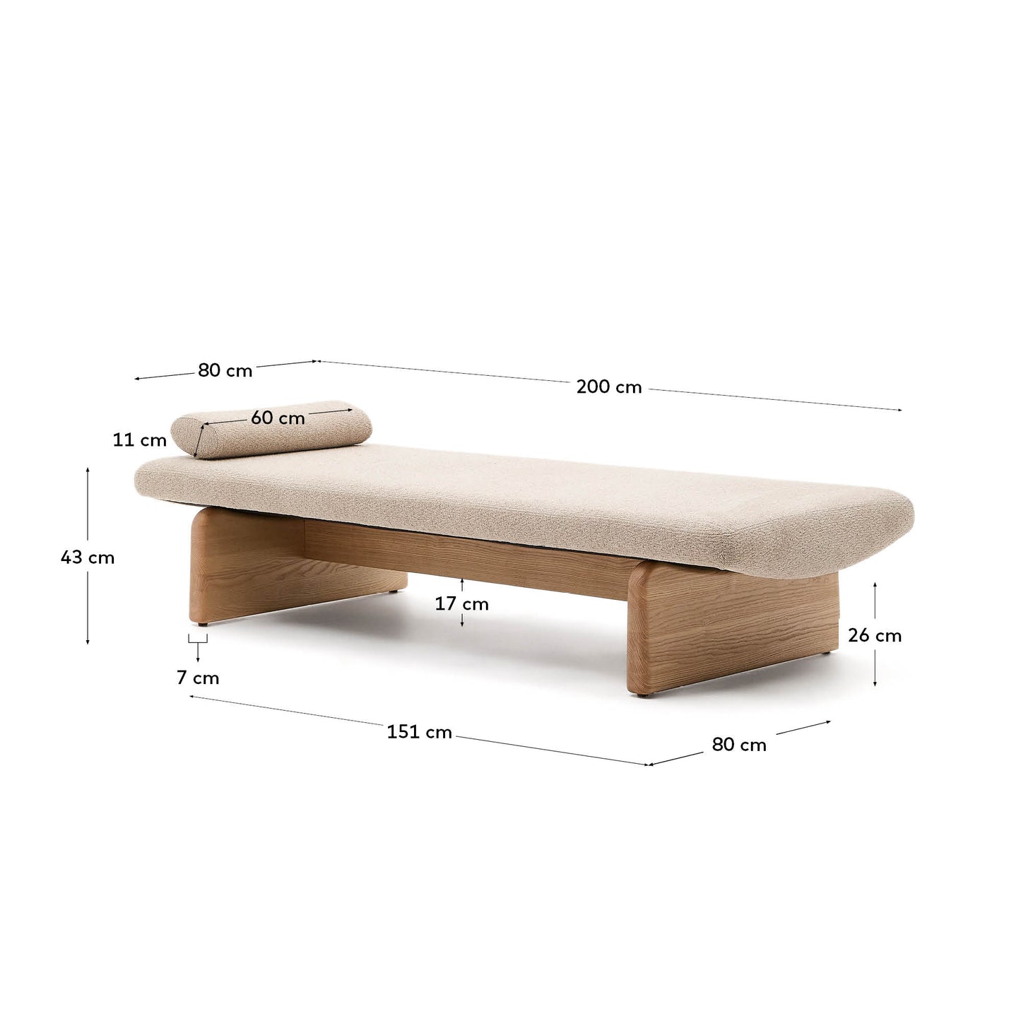 Chaise-longue Topaz in ciniglia beige e legno massello di frassino finitura naturale 200cm FSC 100%