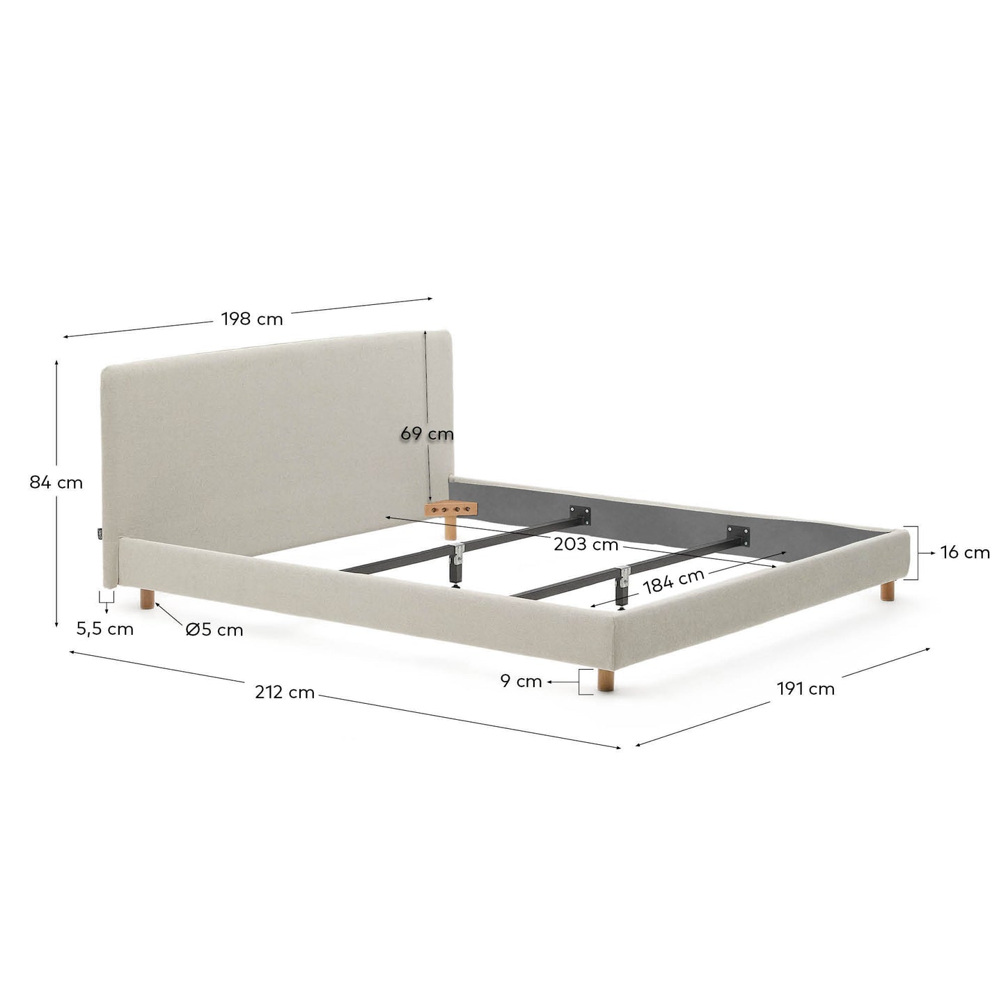 Letto sfoderabile Valma in ciniglia perla con piedi in legno massello di faggio per materasso 180 x 200 cm