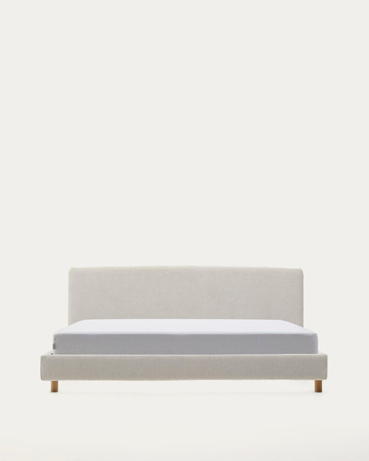 Letto sfoderabile Valma in ciniglia perla con piedi in legno massello di faggio per materasso 180 x 200 cm