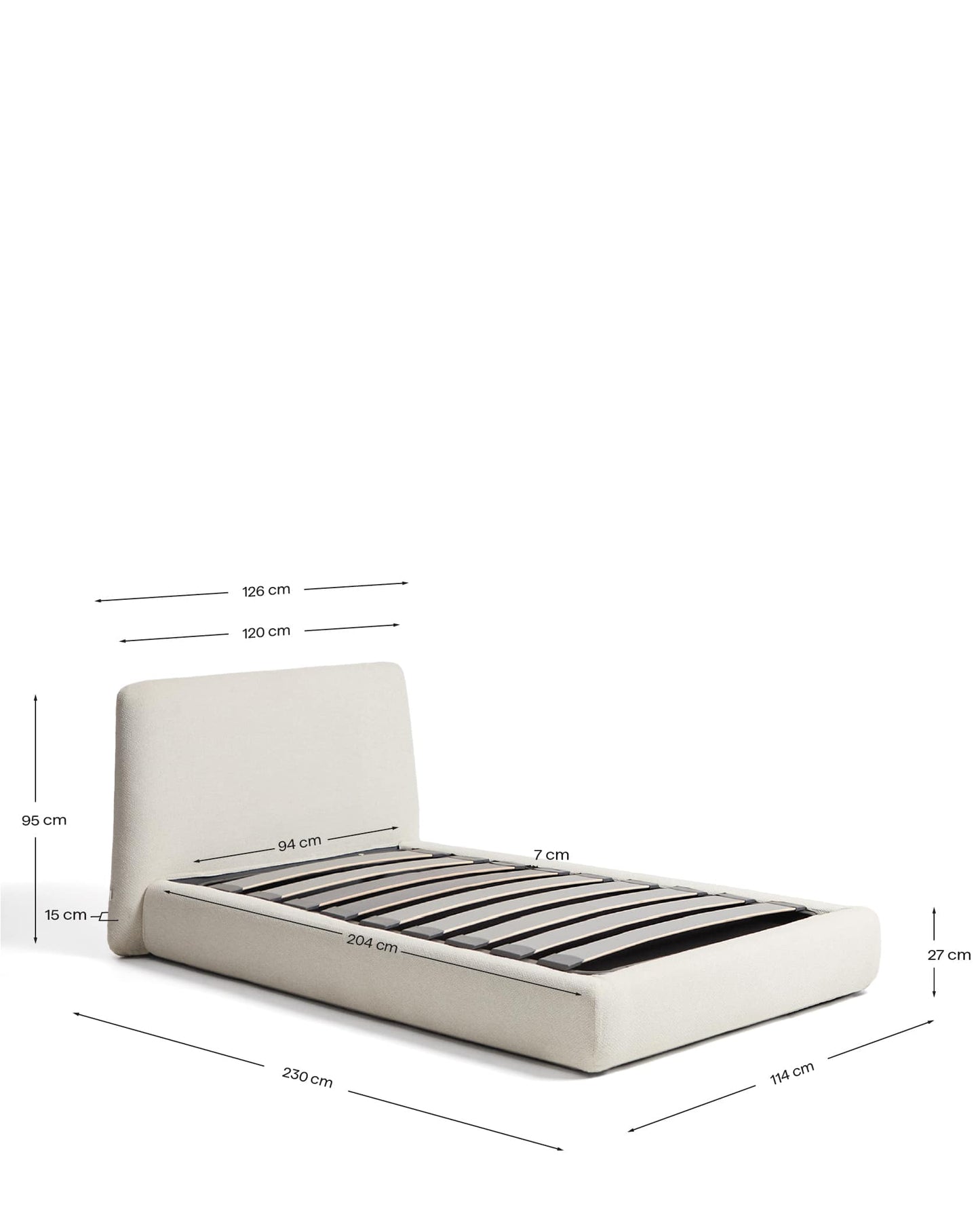 Letto sfoderabile con rete sollevabile Martina in ciniglia écru per materassi 90 x 200 cm