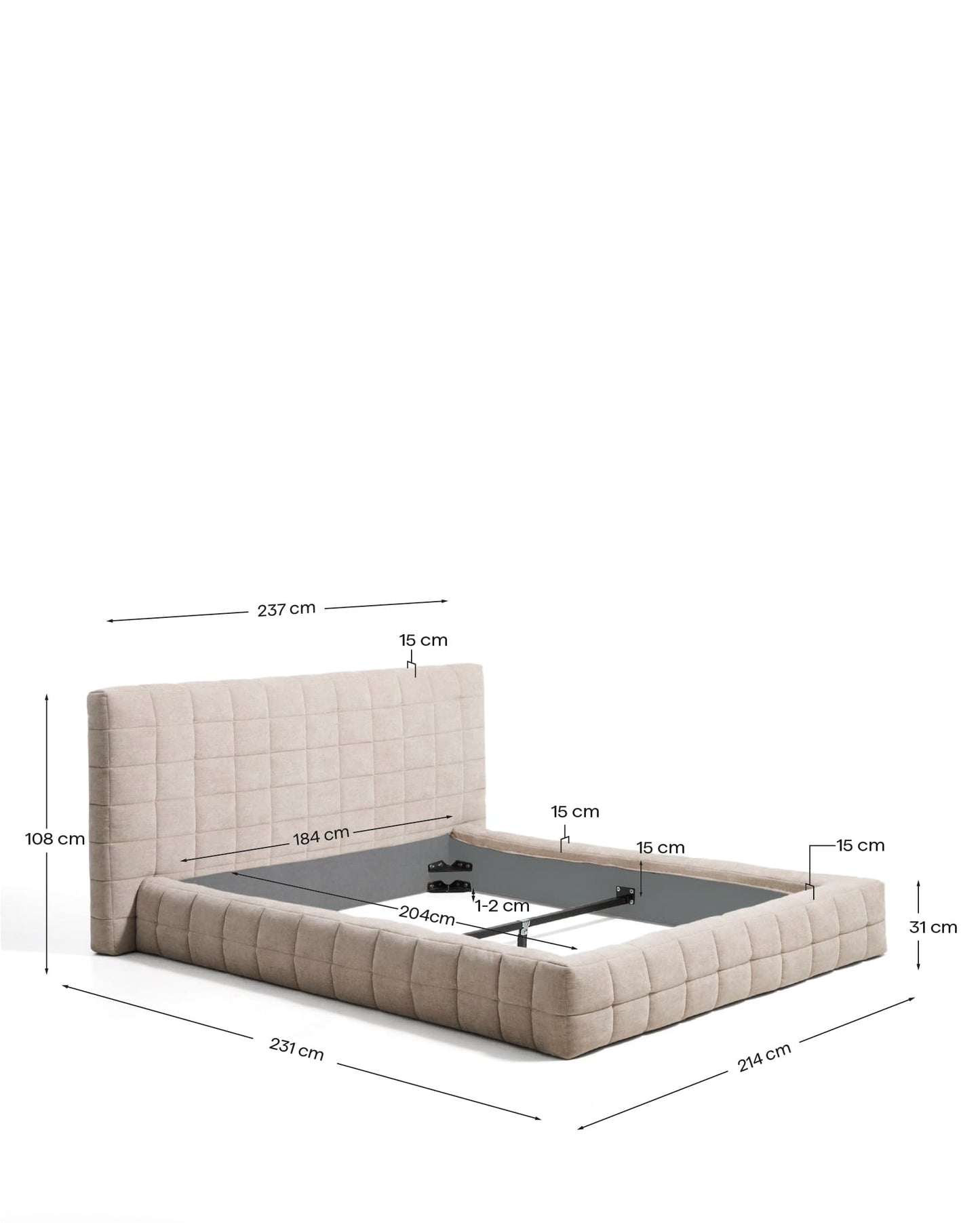 Letto sfoderabile Luiana in ciniglia beige per materasso da 180 x 200 cm