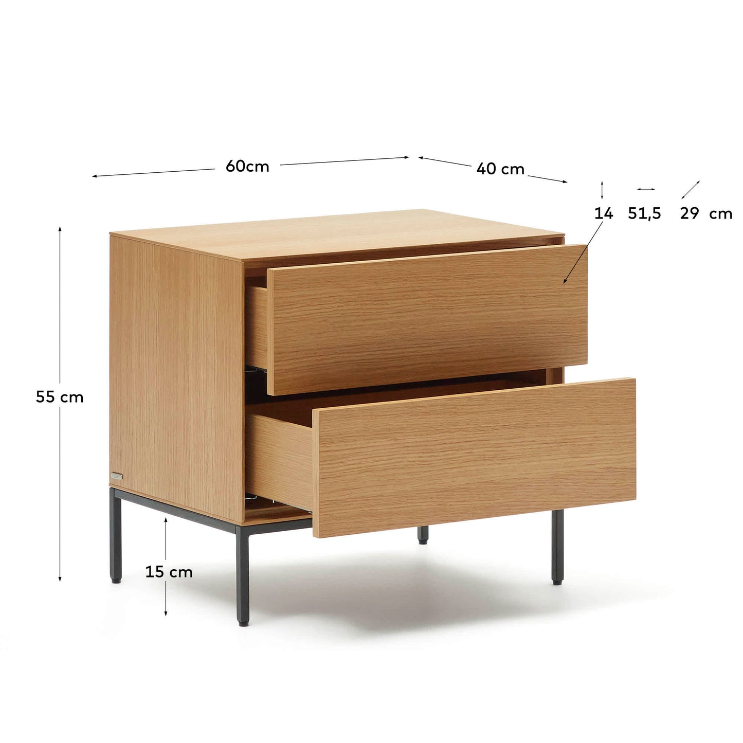 Comodino Vedrana 2 cassetti impiallacciato rovere e gambe in acciaio nero 60 x 55 cm