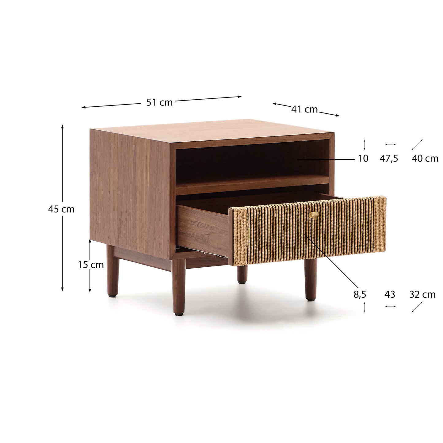 Comodino Elan in impiallacciatura e legno massello in noce corda 51x45cm