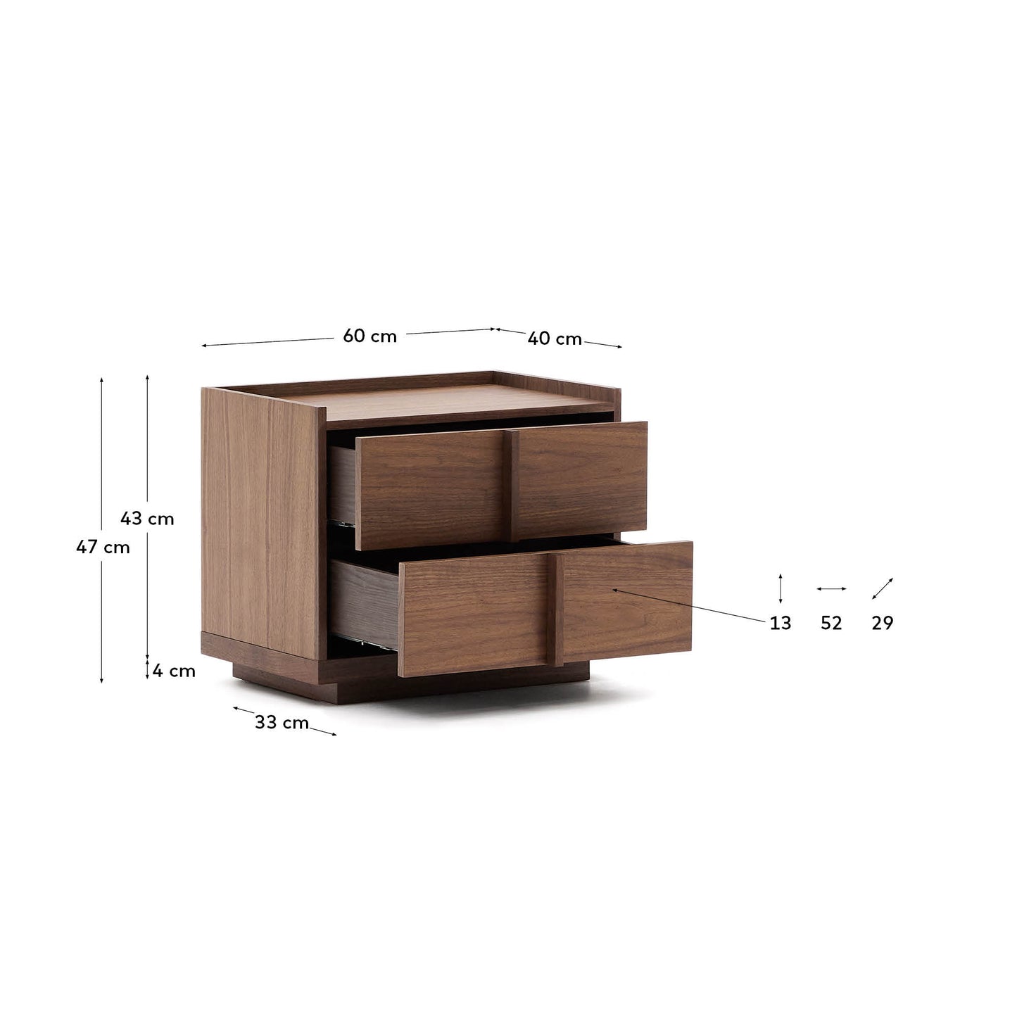 Comodino Onix 2 cassetti impiallacciatura in noce finitura scura 60 x 47cm