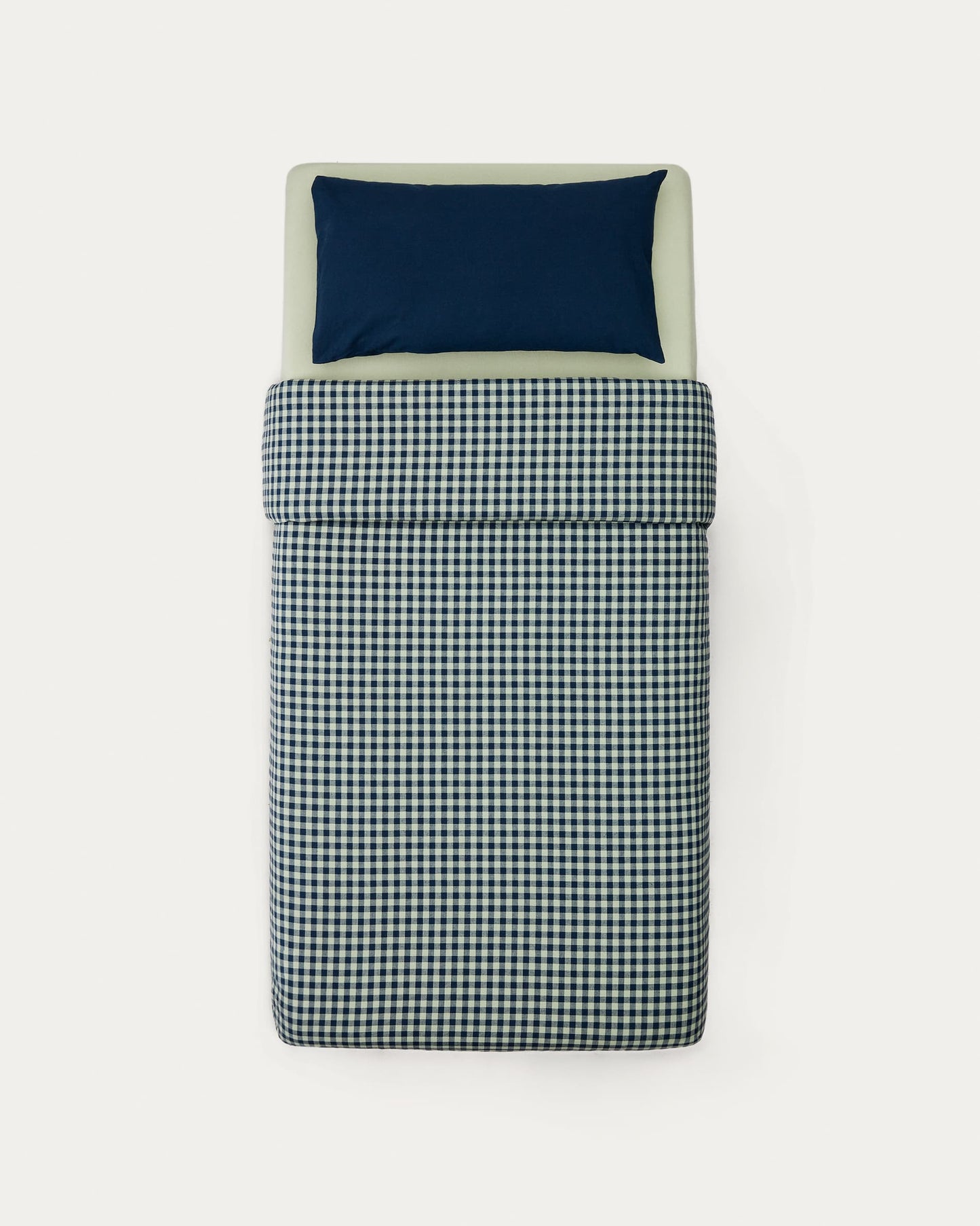 Set Yanil copripiumino, lenzuolo con angoli e federa 100% cotone a quadrati verde e blu 60x120cm