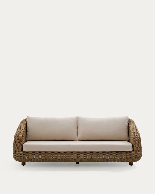 Divano Meria a 3 posti in rattan sintetico e gambe in legno massiccio di acacia 208 cm