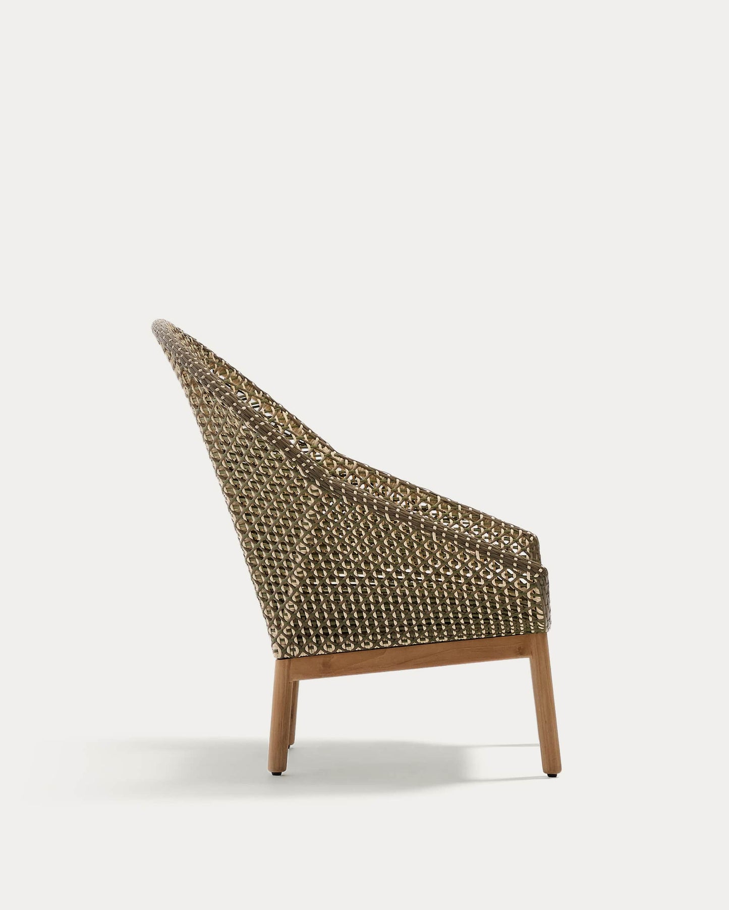 Poltrona Olbia con schienale alto in rattan sintetico e legno massiccio teak