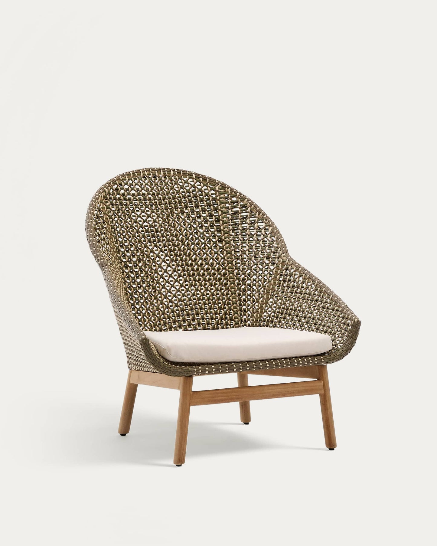 Poltrona Olbia con schienale alto in rattan sintetico e legno massiccio teak