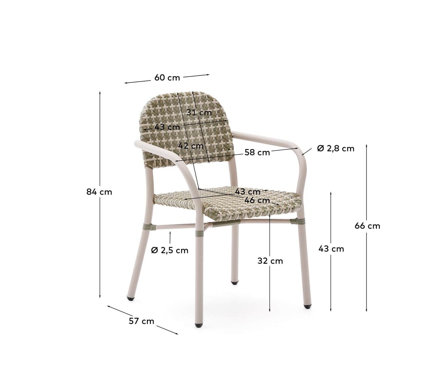 Sedia impilabile Tuccia in alluminio e rattan sintetico verde e beige