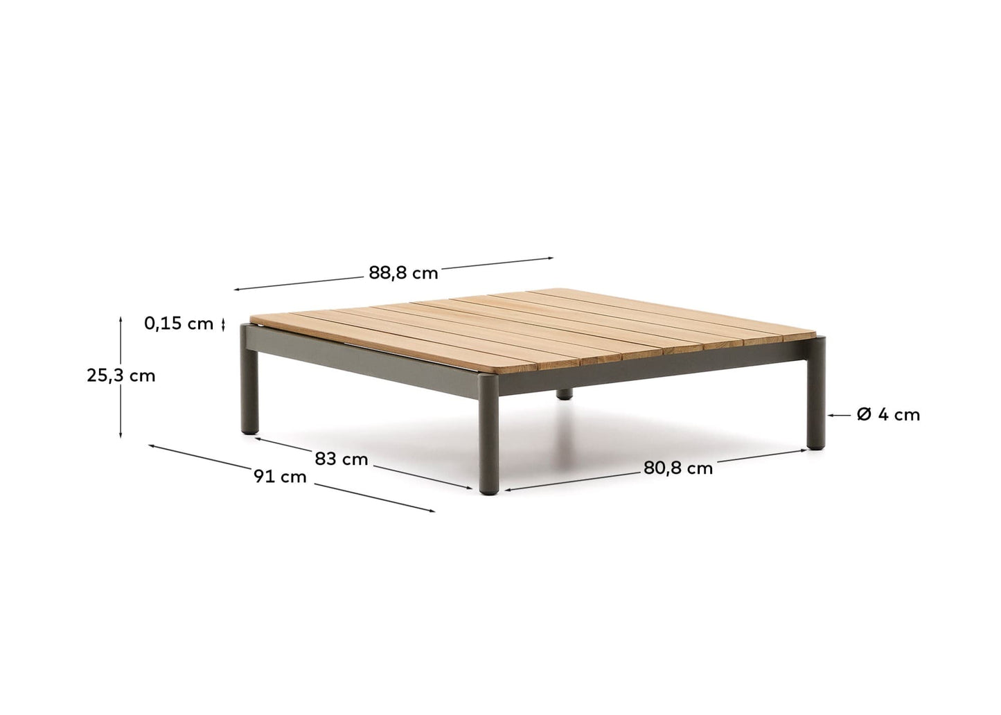 Tavolino da centro Sorells in alluminio verde e legno di teak 89 x 91 cm FSC 100%