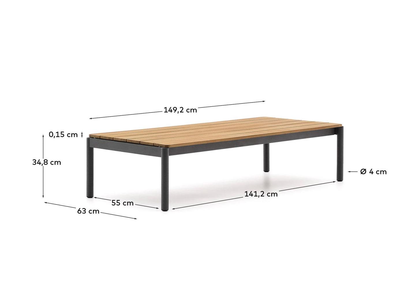 Tavolino da centro Sorells in alluminio grigio e legno di teak 63 x 144,6 cm FSC 100%