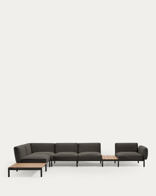 Divano angolare modulare da esterno Sorells 5 posti con rivestimento grigio e alluminio grigio con tavolini in teak 277 x 446 cm