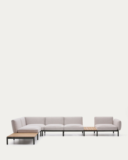 Divano angolare modulare da esterno Sorells 5 posti con rivestimento beige e alluminio verde con tavolini in teak 277 x 446 cm FSC 100%