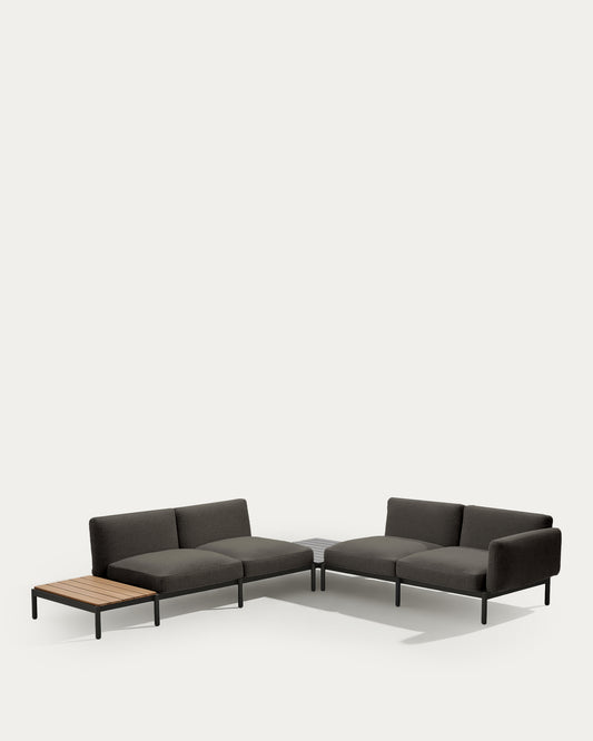 Divano angolare modulare da esterno Sorells 4 posti con rivestimento grigio e alluminio grigio tavolo in teak 353 x 316,5 cm
