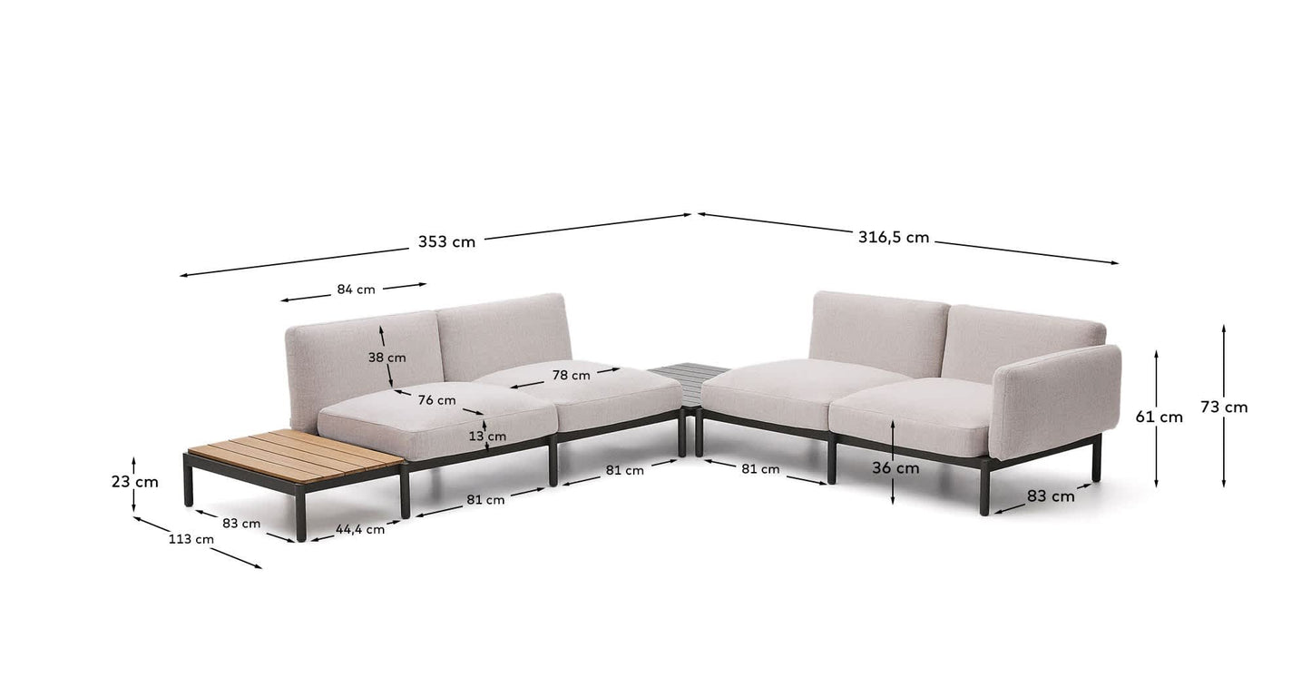 Divano angolare modulare da esterno Sorells 4 posti con rivestimento beige e alluminio grigio tavolo in teak 353 x 316,5 cm FSC 100%