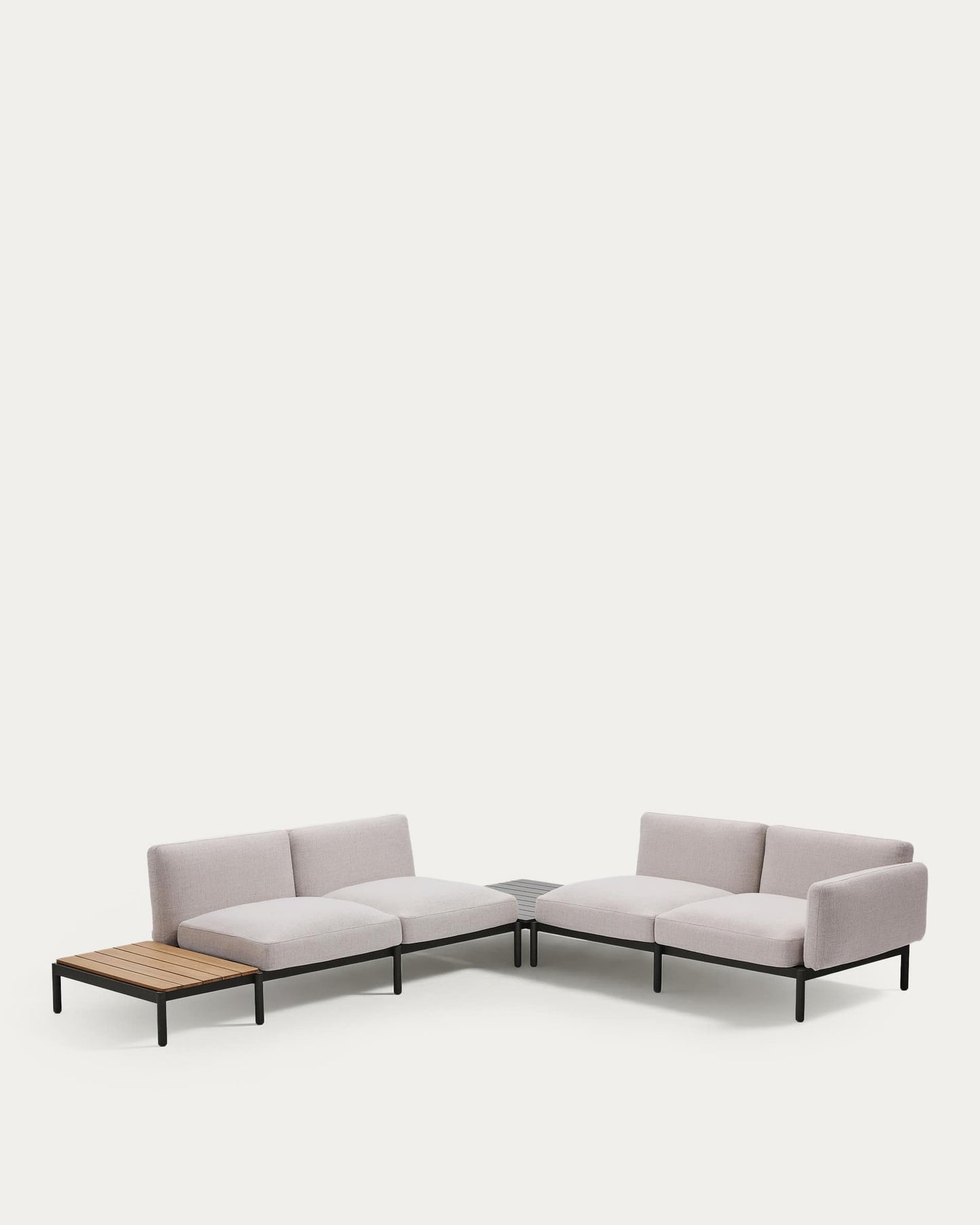 Divano angolare modulare da esterno Sorells 4 posti con rivestimento beige e alluminio grigio tavolo in teak 353 x 316,5 cm FSC 100%