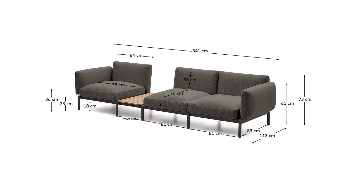 Divano modulare da esterno Sorells 3 posti con rivestimento grigio e alluminio grigio con tavolo in teak 341 x 113 cm FSC 100%