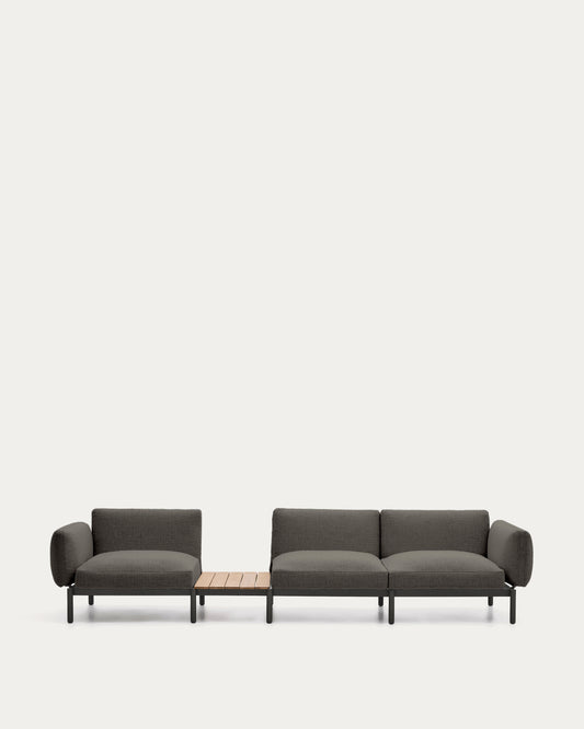 Divano modulare da esterno Sorells 3 posti con rivestimento grigio e alluminio grigio con tavolo in teak 341 x 113 cm FSC 100%
