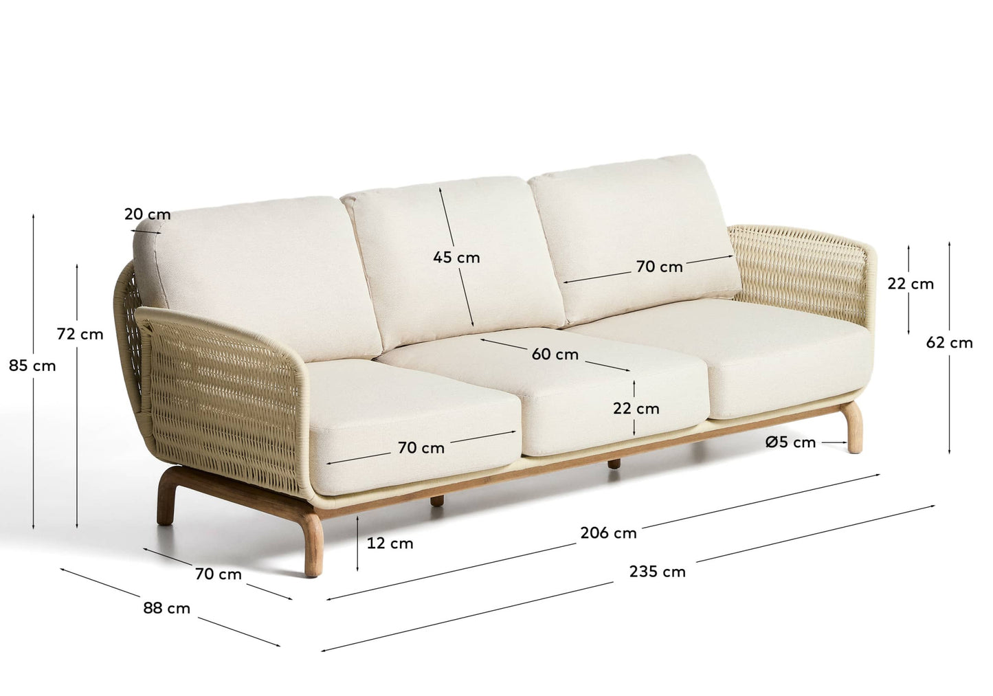 Divano a 3 posti Alipa in legno massiccio di acacia e corda ecru 235 cm