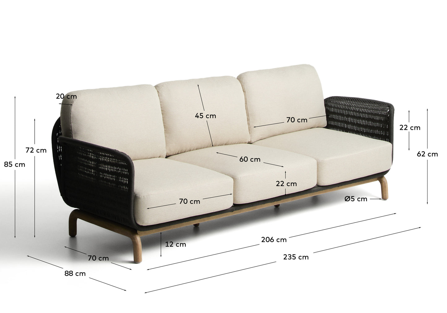 Divano a 3 posti Alipa in legno massiccio di acacia e corda grigio scuro 235 cm