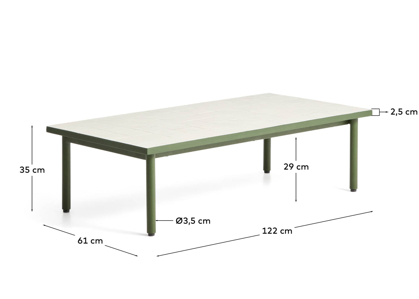 Tavolino Maurina in acciaio zincato verde con piastrelle écru 122 x 61 cm