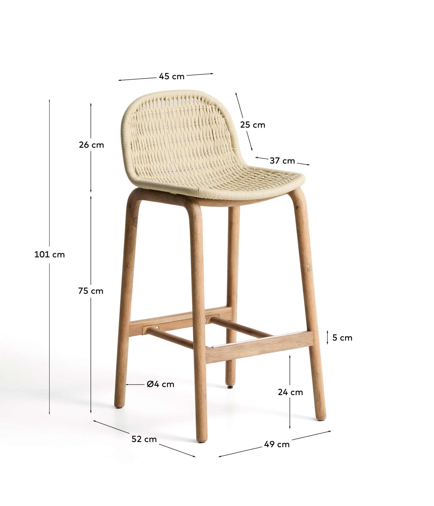 Sgabello Alipa in legno massiccio di acacia e corda ecru 75 cm FSC 100%