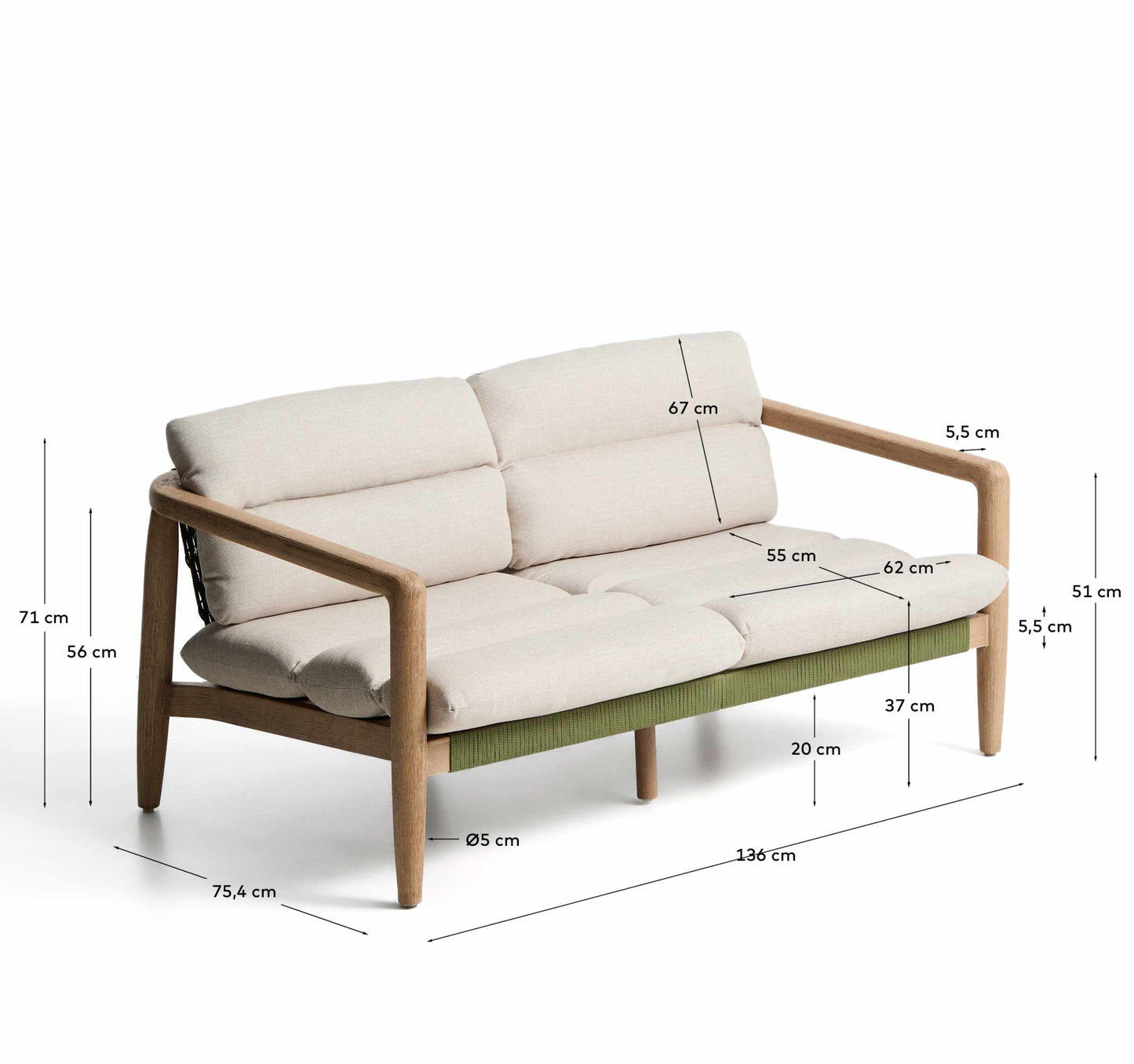 Divano Menfi a 2 posti in legno massiccio di acacia e corda verde 136 cm FSC 100%