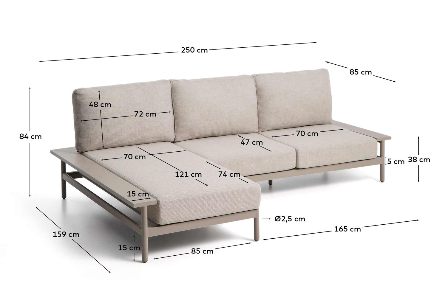 Divano Vathi a 3 posti in alluminio con chaise longue sinistra tortora 250 x 159 cm