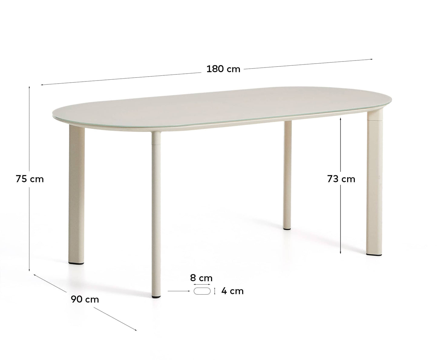 Tavolo ovale Erice in alluminio e vetro temperato écru 180 x 90 cm