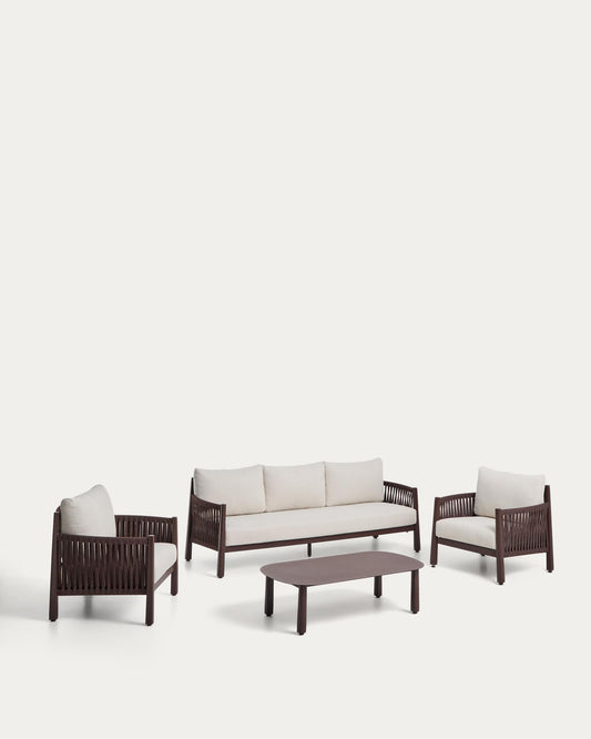 Set Aleria composto da divano 3 posti, 2 poltrone e tavolino in alluminio e corda sintetica marrone