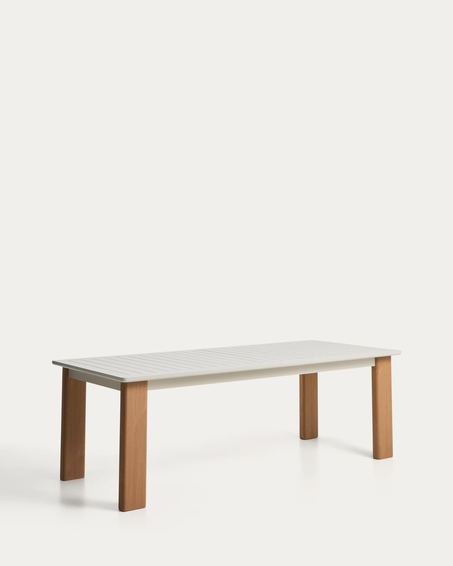 Tavolo allungabile Livorno in alluminio color écru e gambe effetto legno 233 (350) x 100 cm