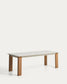 Tavolo allungabile Livorno in alluminio color écru e gambe effetto legno 233 (350) x 100 cm
