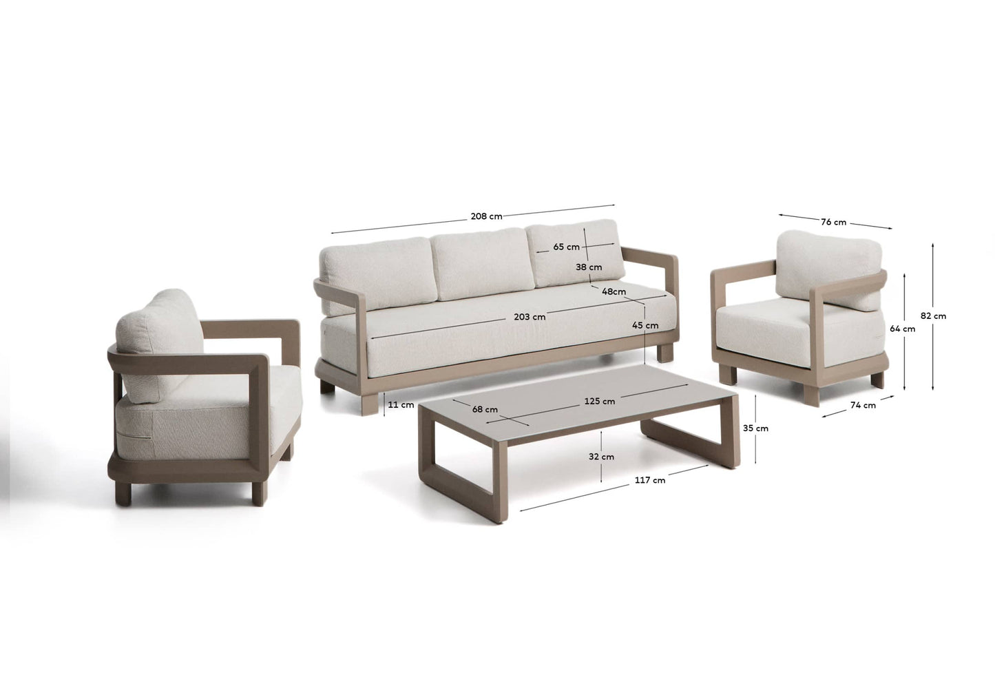 Set Nerano con divano 3 posti, 2 poltrone e tavolino in vetro temperato e alluminio taupe