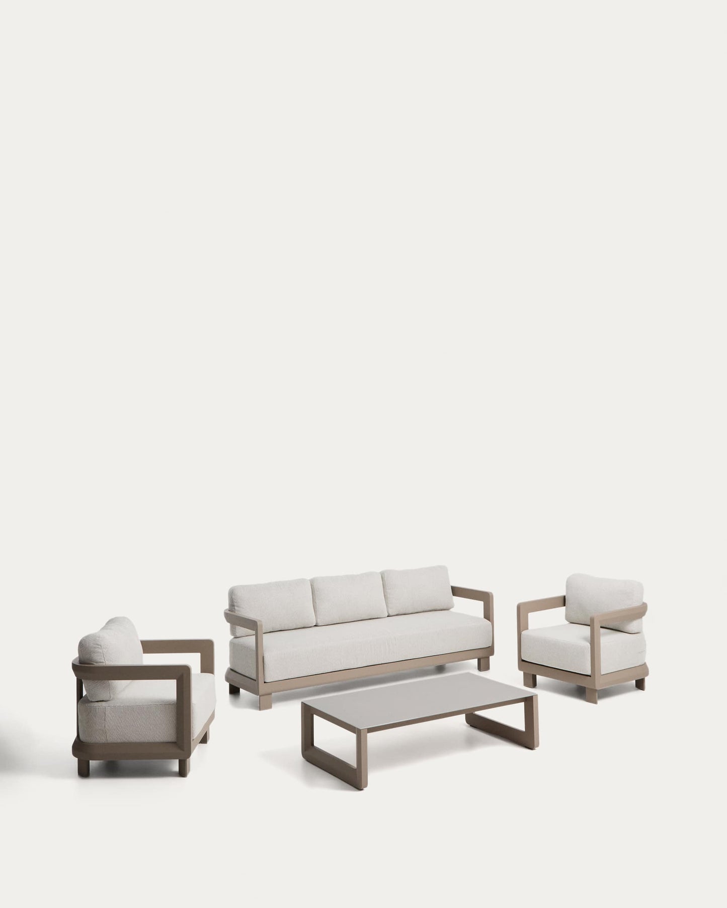 Set Nerano con divano 3 posti, 2 poltrone e tavolino in vetro temperato e alluminio taupe