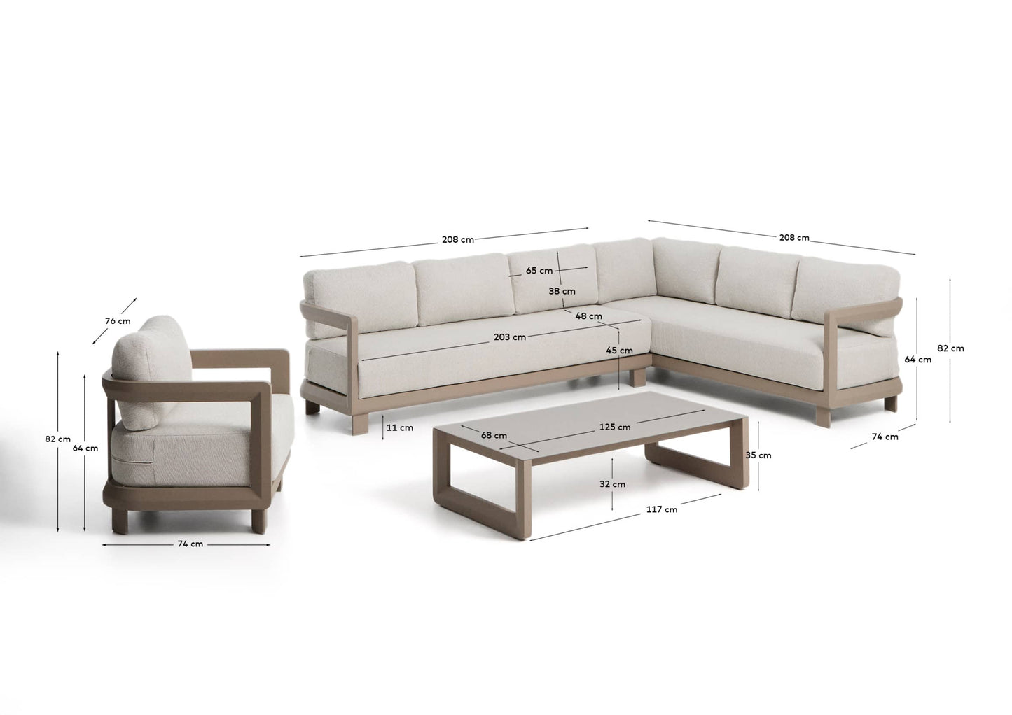 Set Nerano con divano angolare 5 posti, poltrona e tavolino in vetro temperato e alluminio taupe