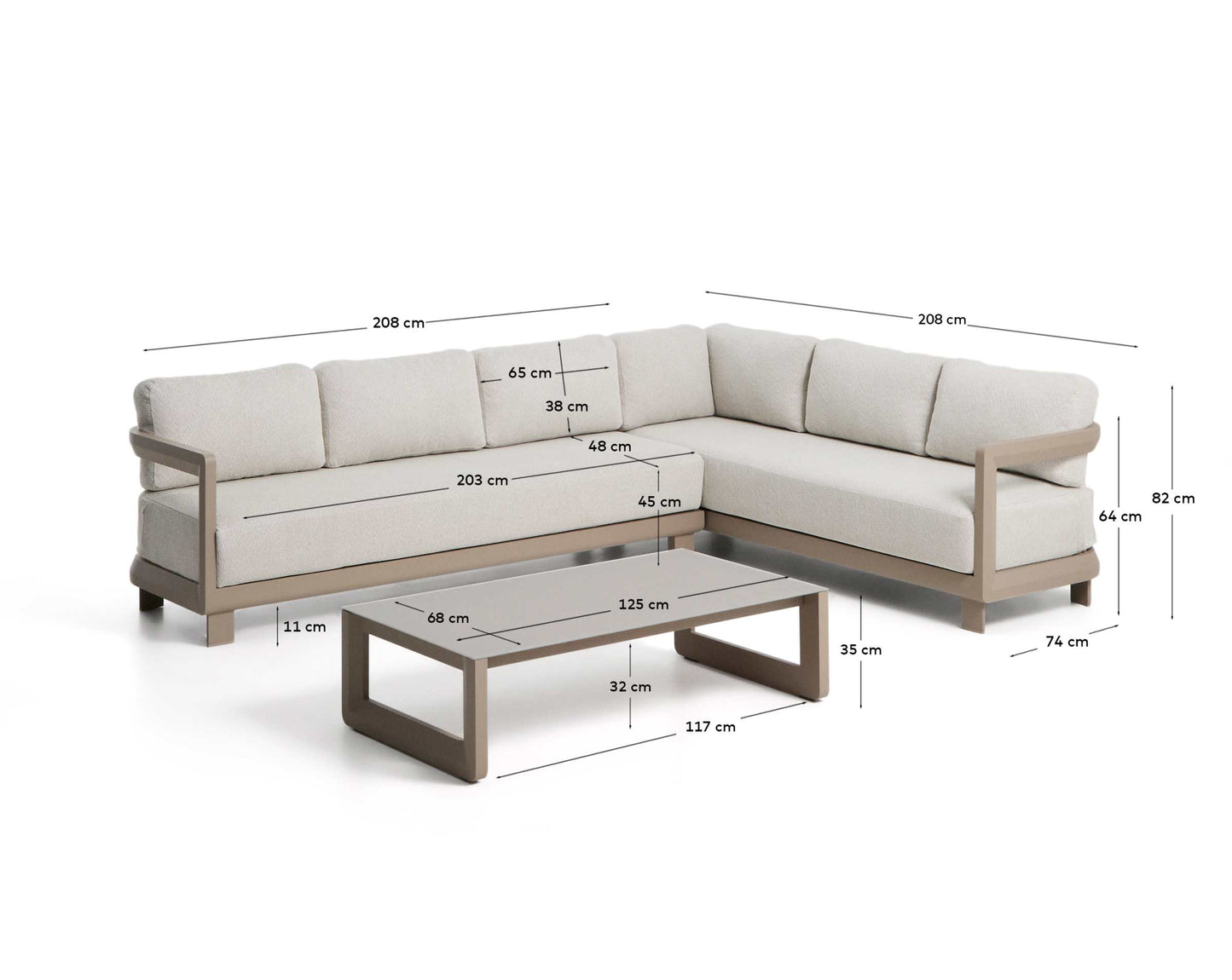 Set Nerano con divano angolare 5 posti e tavolino in vetro temperato e alluminio taupe